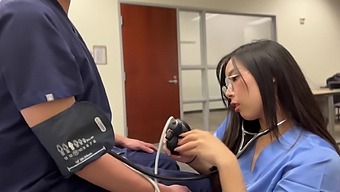 A petite asian nurse rides her patient's hard cock passionately